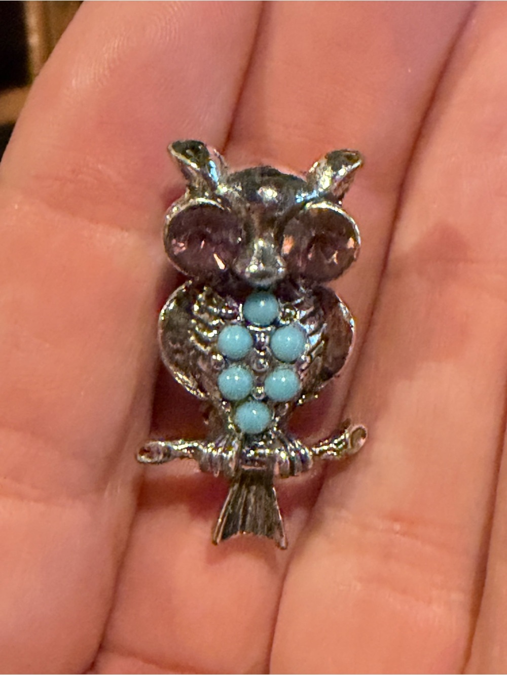 Set of 2 Vintage Silver Owl Brooches with Turquoise Beads